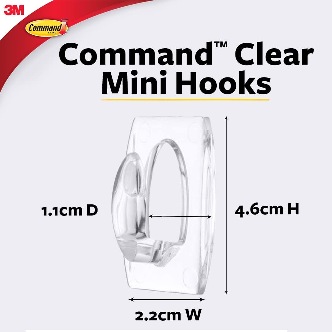 3M Command Plastic Clear Mini Wall Hooks, Up To 225Gms, Holds Strongly, Adhesive Hooks For Wall, Reusable, Multi-Surface Damage Free Hooks For Hanging Transparent, 6Hooks, 8 Strips