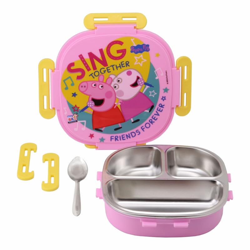 SKI Baker Insulated 3 Grid bento Lunch Box with Stainless Steel Inner and a Steel Spoon- Peppa Pig