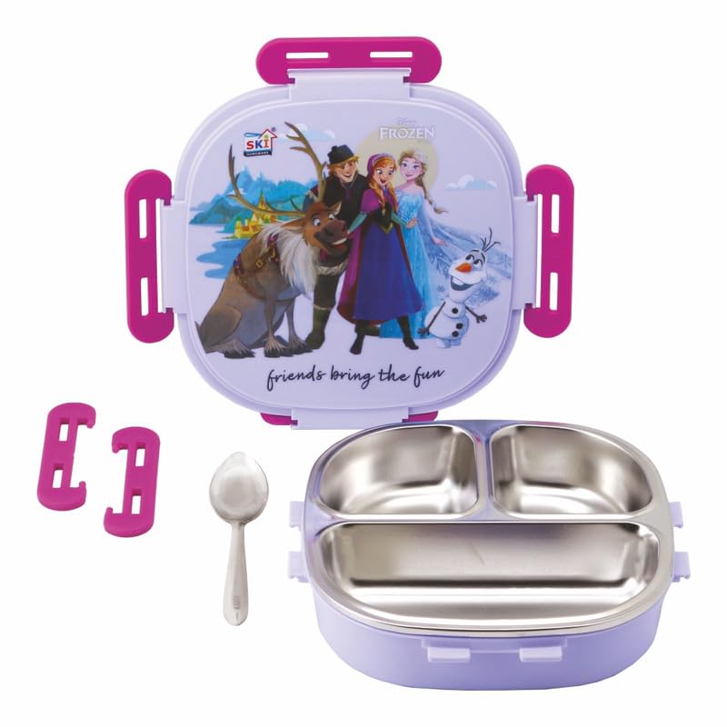 SKI Baker Insulated 3 Grid bento Lunch Box with Stainless Steel Inner and a Steel Spoon- Frozen