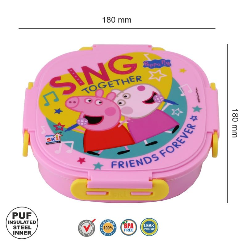 SKI Baker Insulated 3 Grid bento Lunch Box with Stainless Steel Inner and a Steel Spoon- Peppa Pig