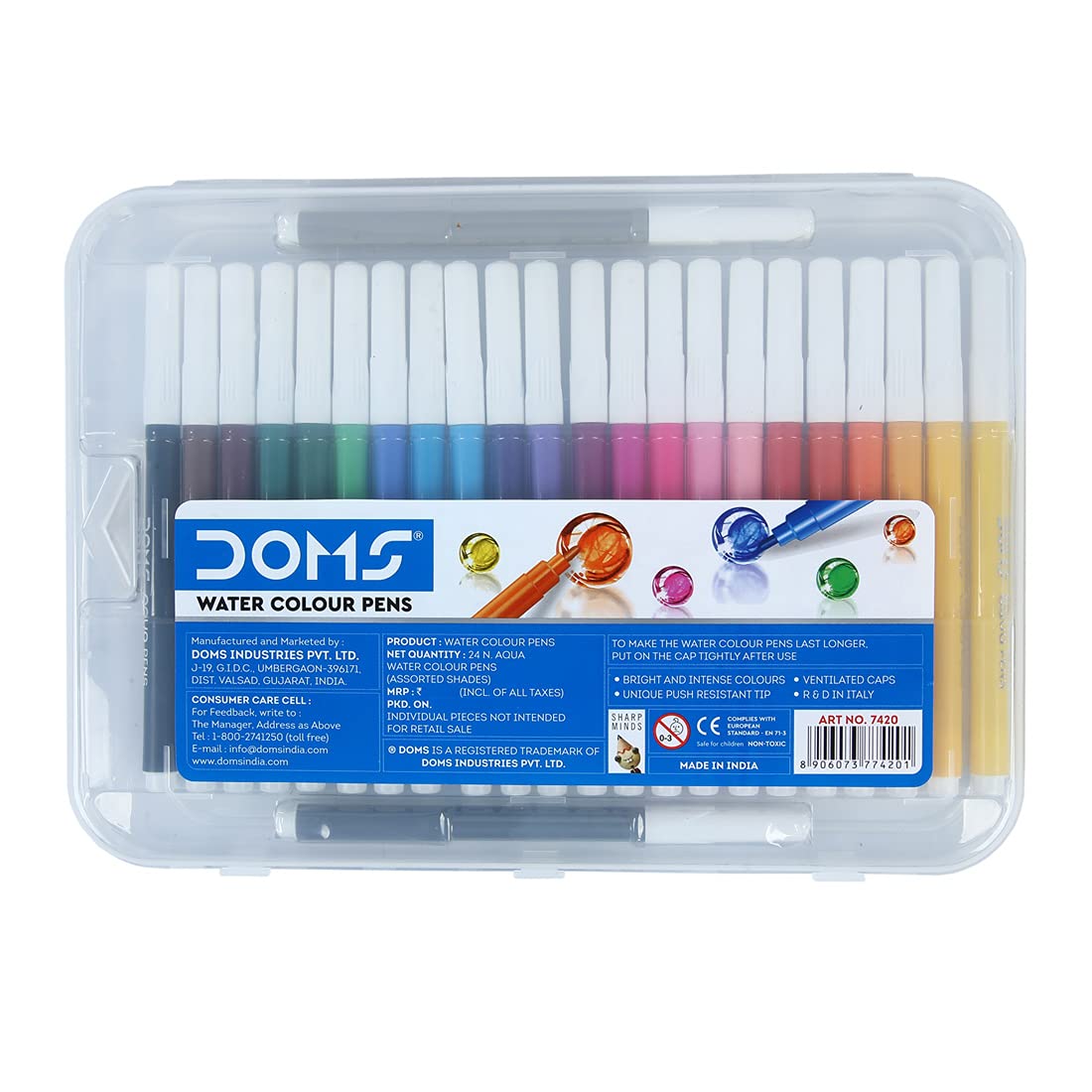 Doms Aqua 24 Shades Watercolour Sketch Pen Set | Unique Push Resistant Tip With Bright & Intense Colors | Non-Toxic & Safe For Kids | Colourful Sketching, Doodling & Mandala Art