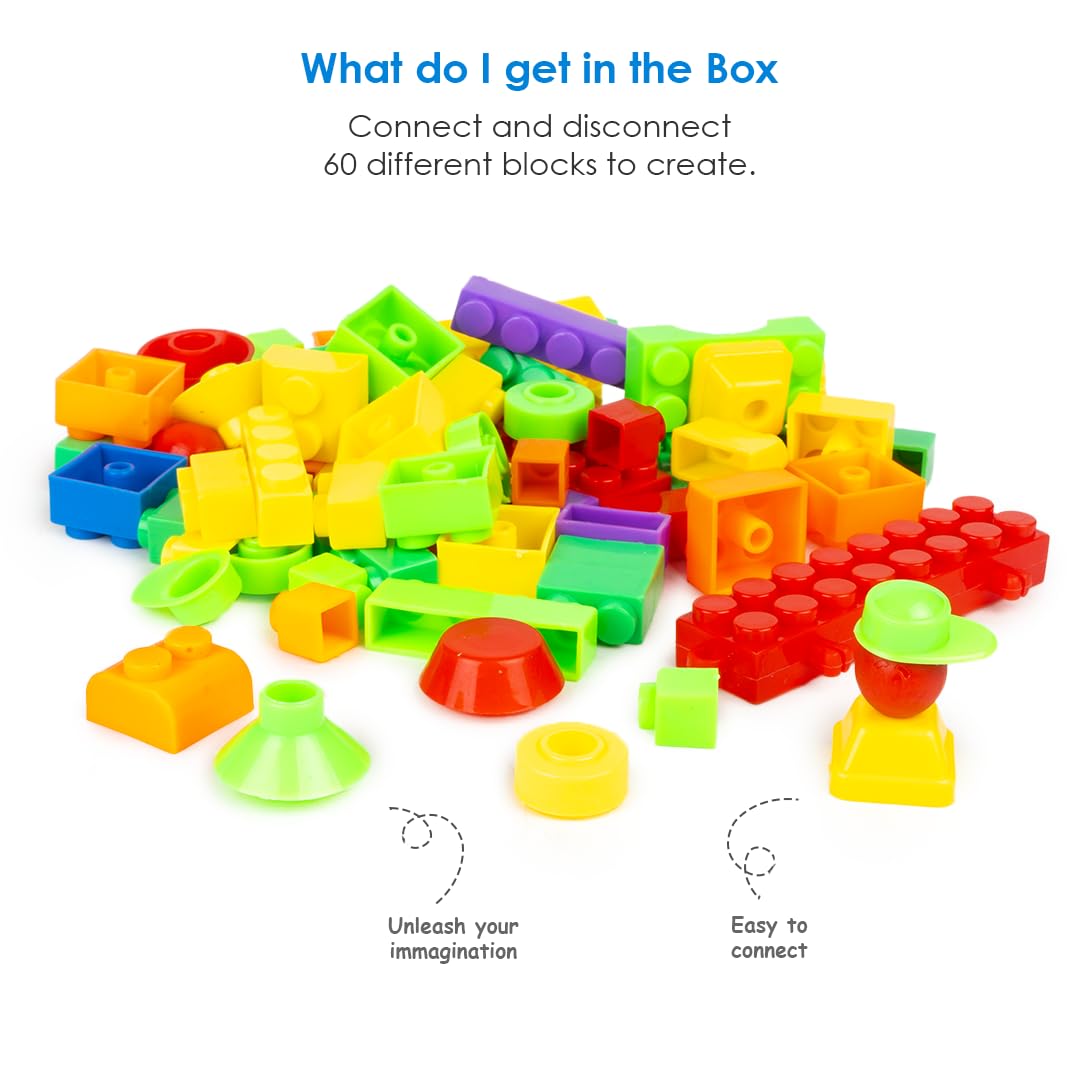 Ratna's Happy Train Junior Construction Set with Bright & Colourful Interlocking Building Blocks 60 pcs for Kids Ages 3+