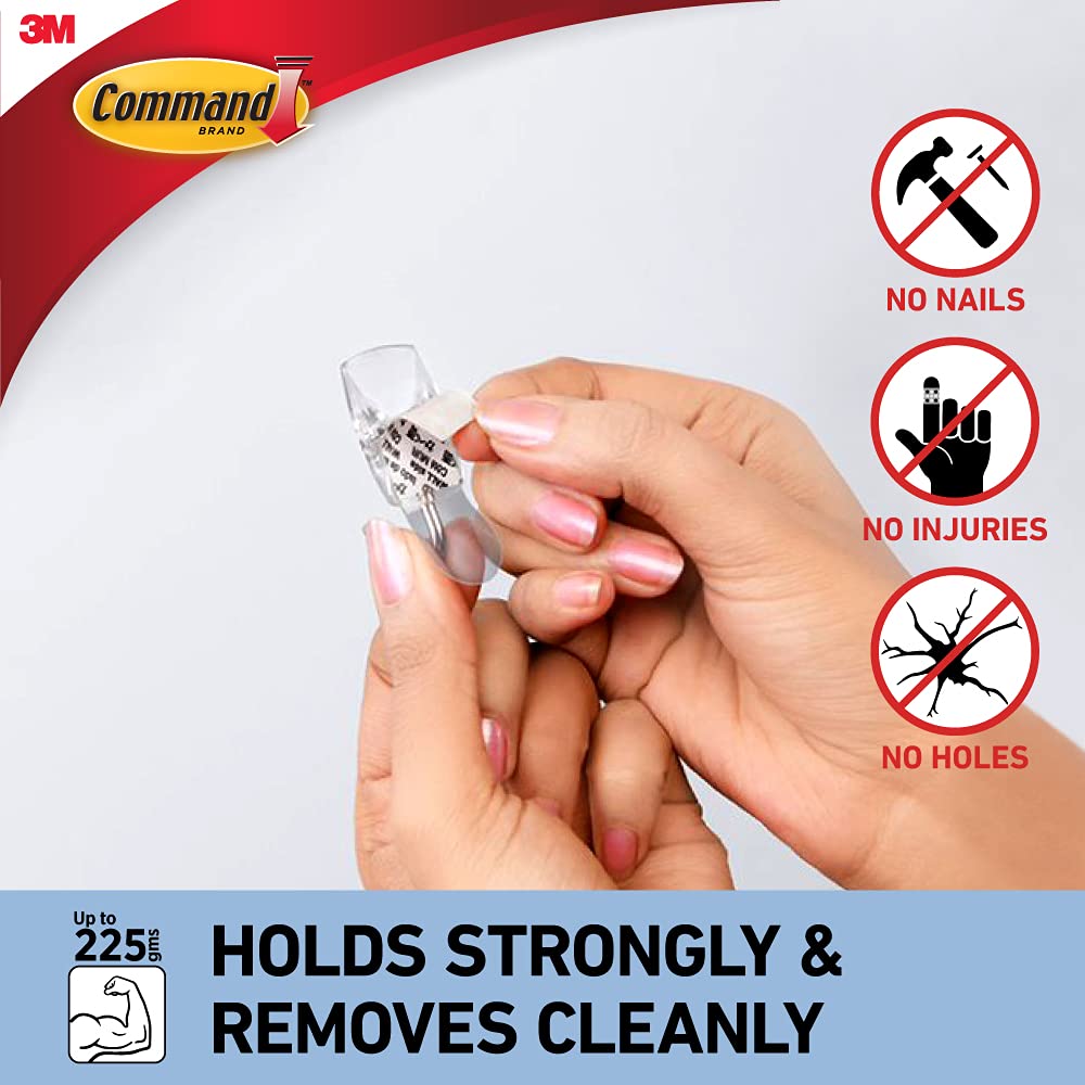 3M Command Small Clear Wire Wall Hooks, Up To 225Gms, Holds Strongly, Reusable, Adhesive Hooks For Wall, Multi-Surface Damage Free Hooks For Hanging Transparent, 3Hooks, 4 Strips - Plastic