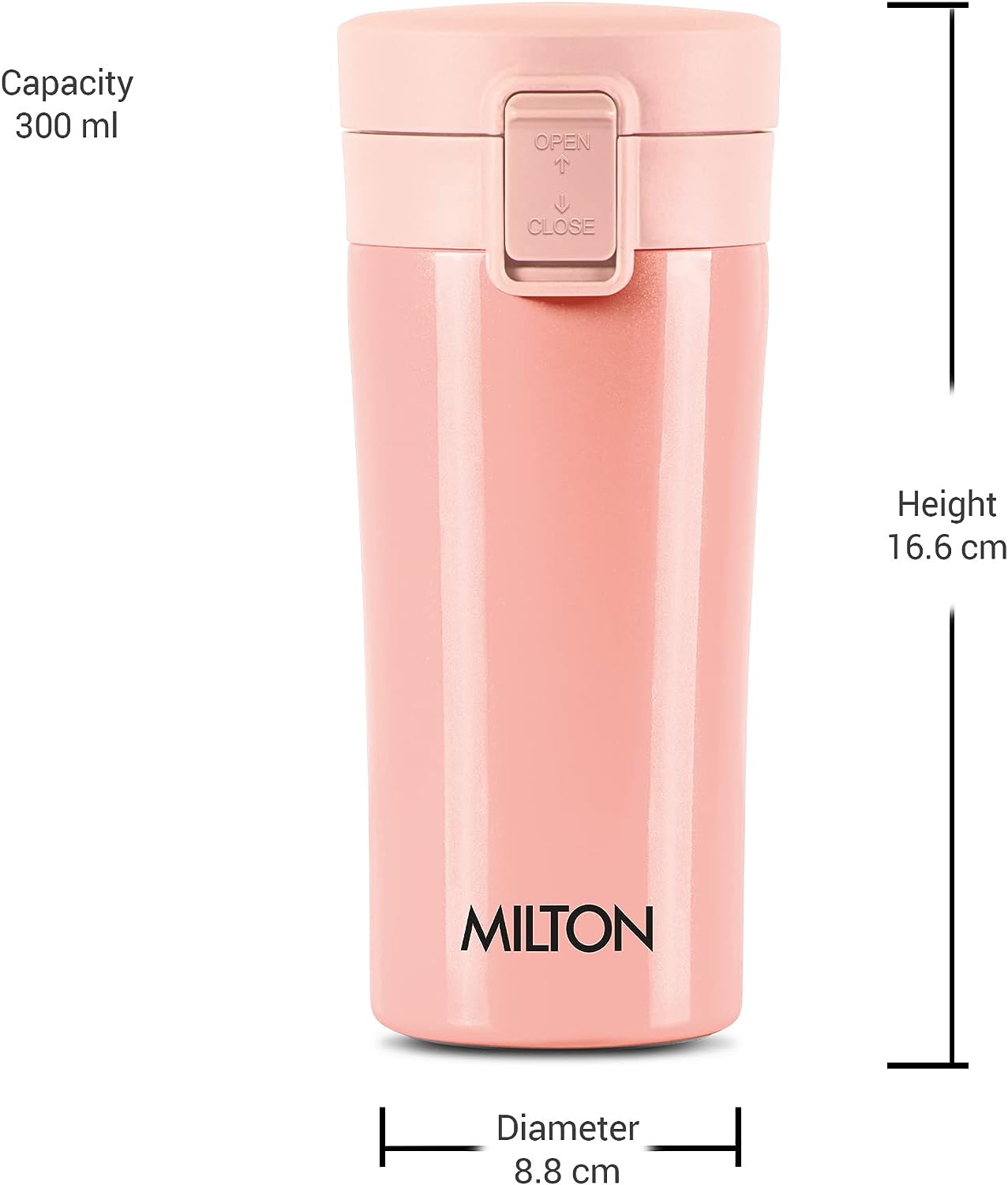 Milton Coffee Mug Thermosteel Hot or Cold Insulated Flask, 300 ml, Peach | Leak Proof | Rust Proof | Tea Mug | Soup Flask | Juice Mug | Water Flask | Easy Grip | Easy to Carry