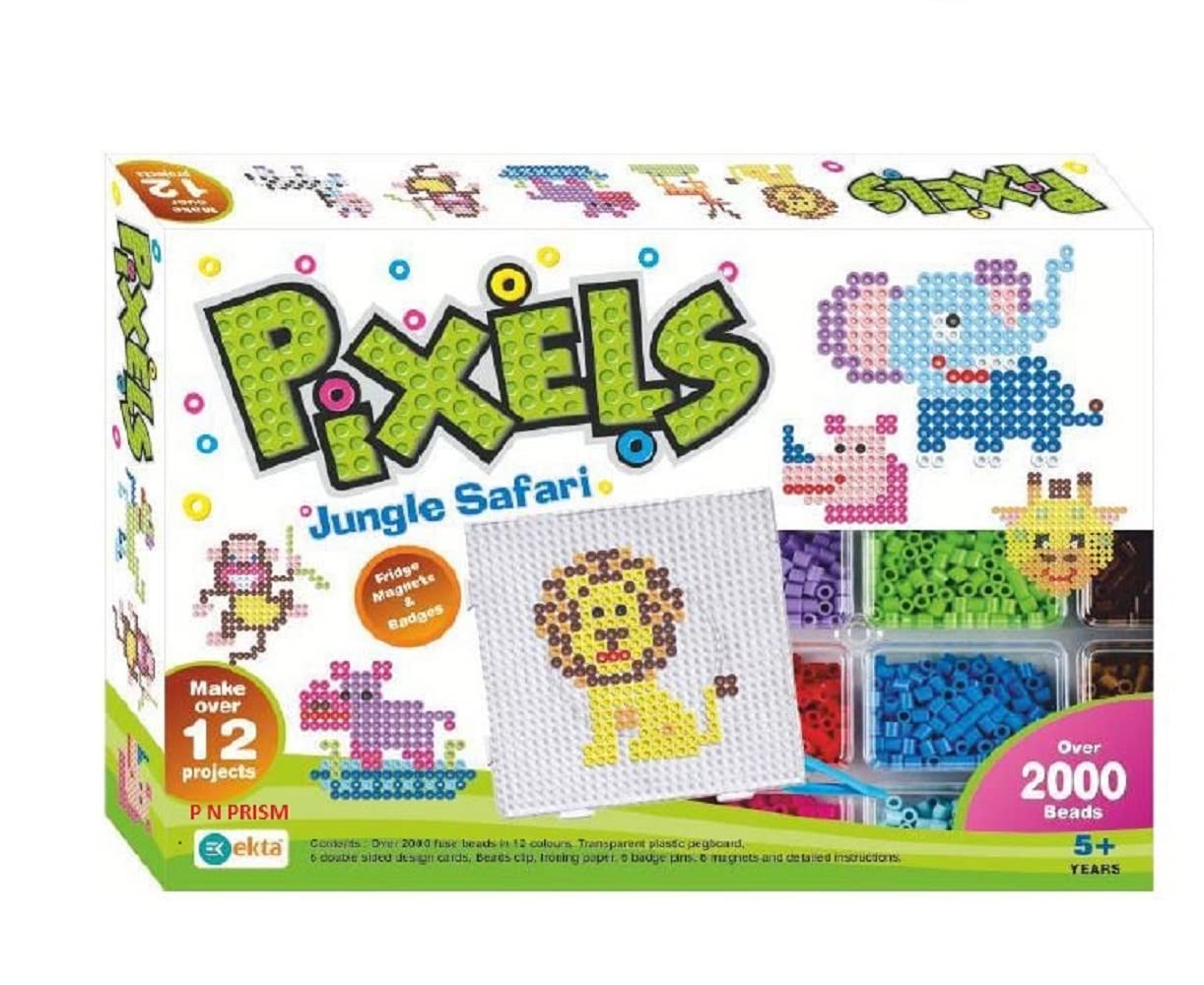 Ekta Plastic Beads Pixels Jungle Safari Fridge Magnets Badges Making Kit for Children Creativity, Multicolour Above The Age of 5 Years