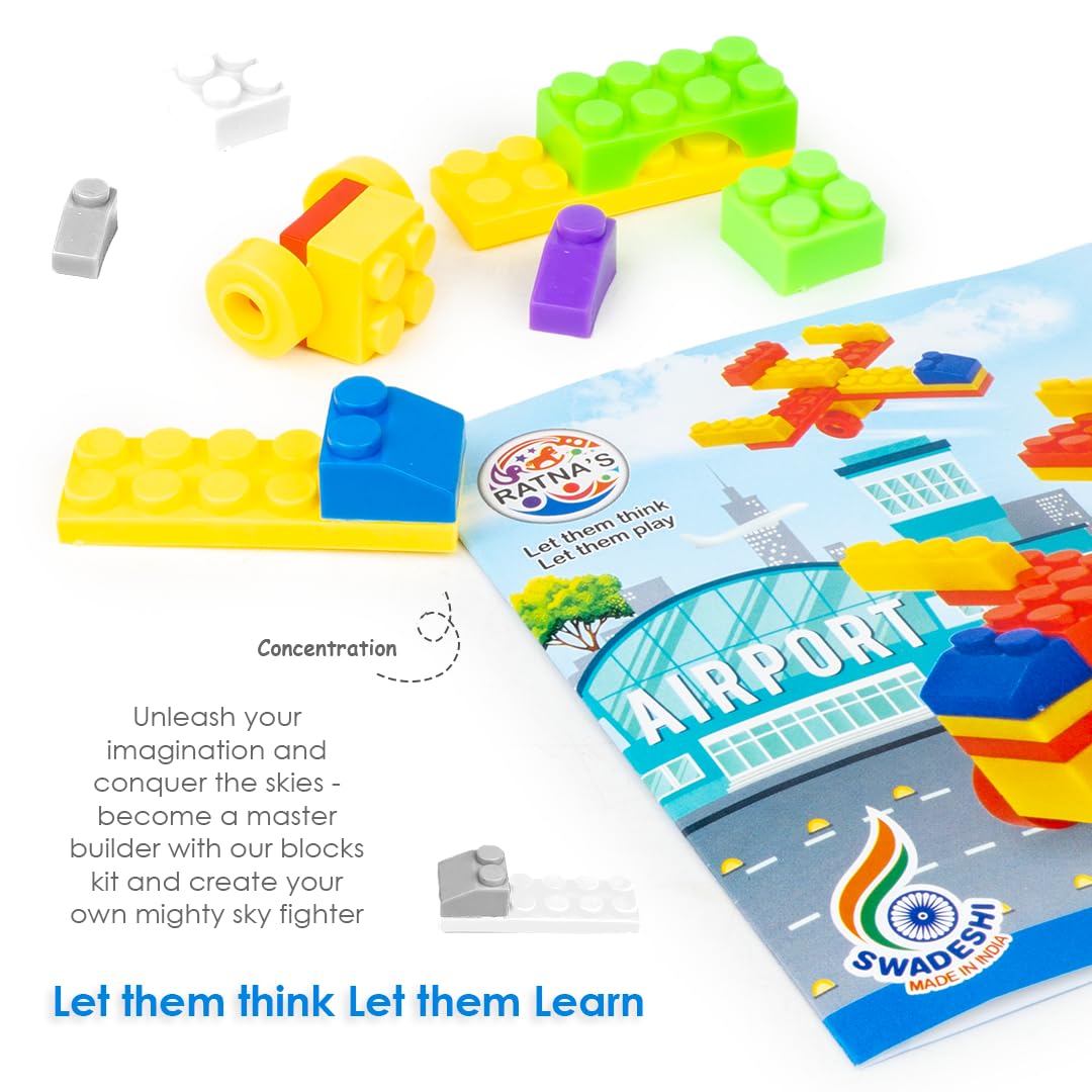 Ratna's Sky Fighter Junior Colorful Interlocking Blocks 60 pcs for Kids Ages 3+ to Create Fighter Planes & Rule The Sky