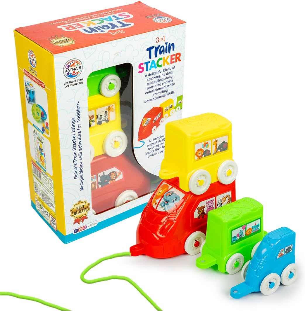 Ratna's 3 in 1 Train Stacker, Nesting, Stacking & Pull Along Toy for Kids 1+ Years