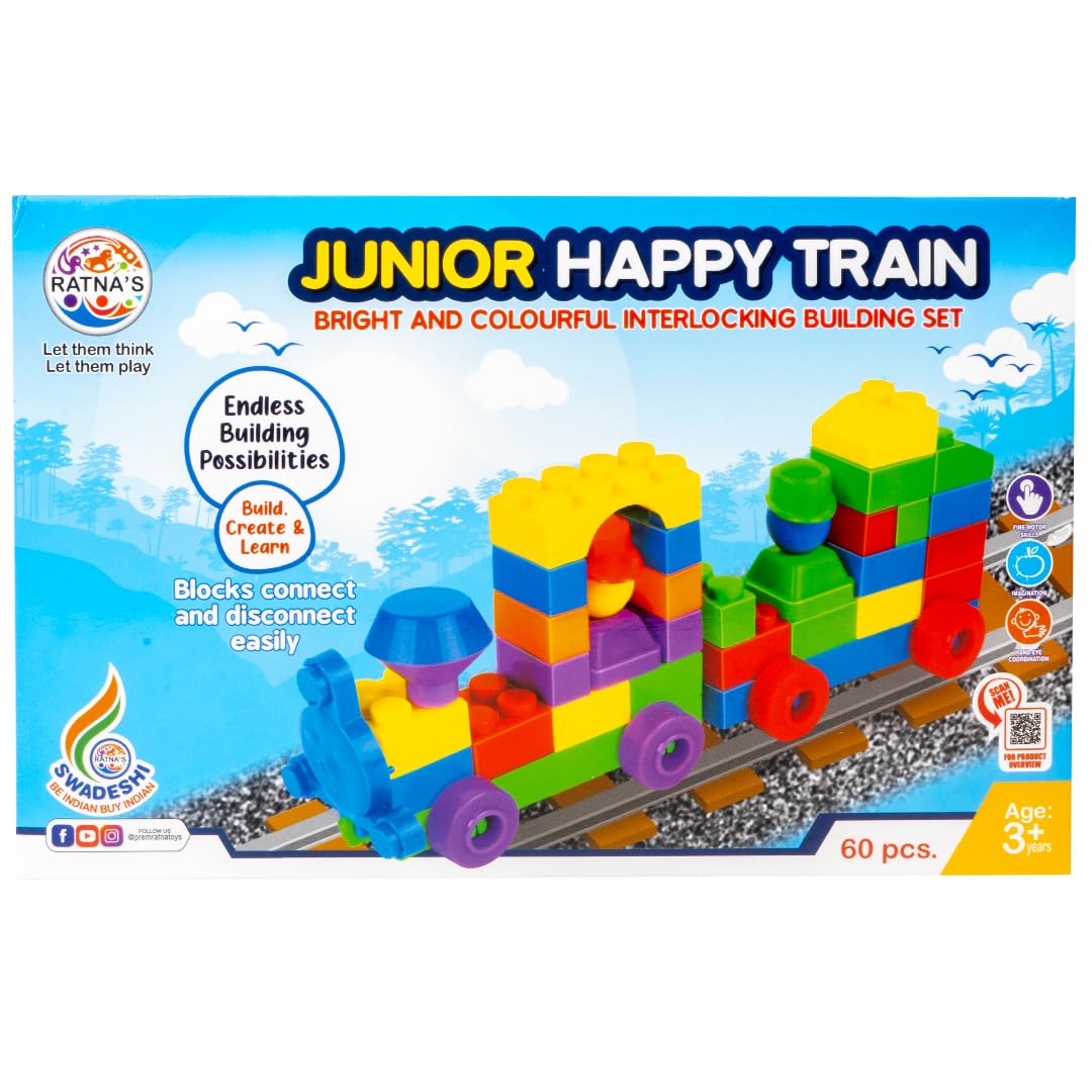 Ratna's Happy Train Junior Construction Set with Bright & Colourful Interlocking Building Blocks 60 pcs for Kids Ages 3+