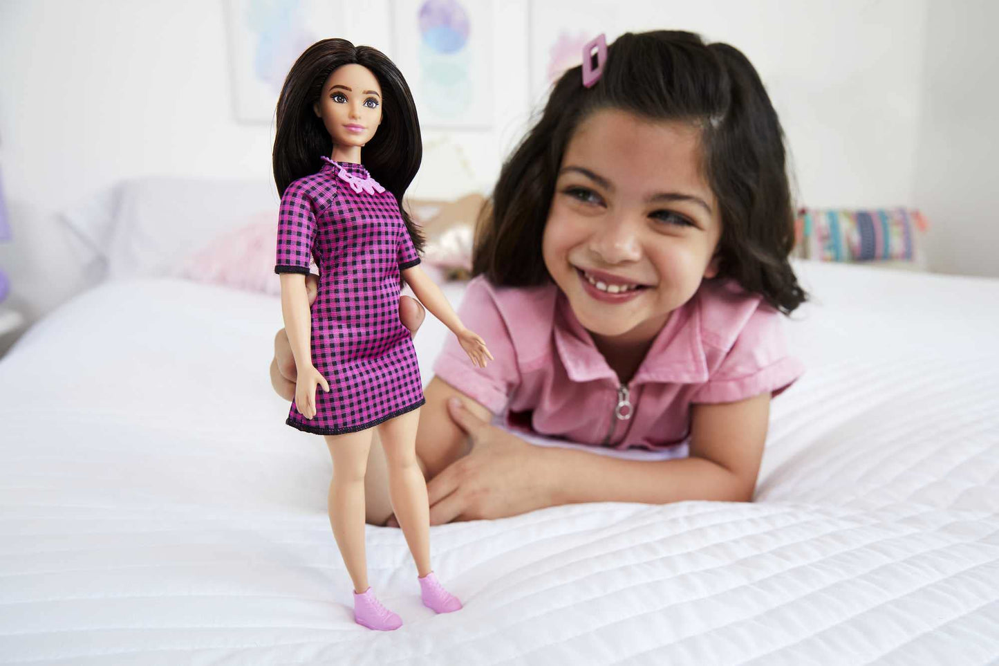 Barbie Fashionistas Doll #188, Curvy, Black Hair, Pink & Black Checkered Dress, Love Necklace, Pink Sneakers, Toy for Kids Ages 3 and Up