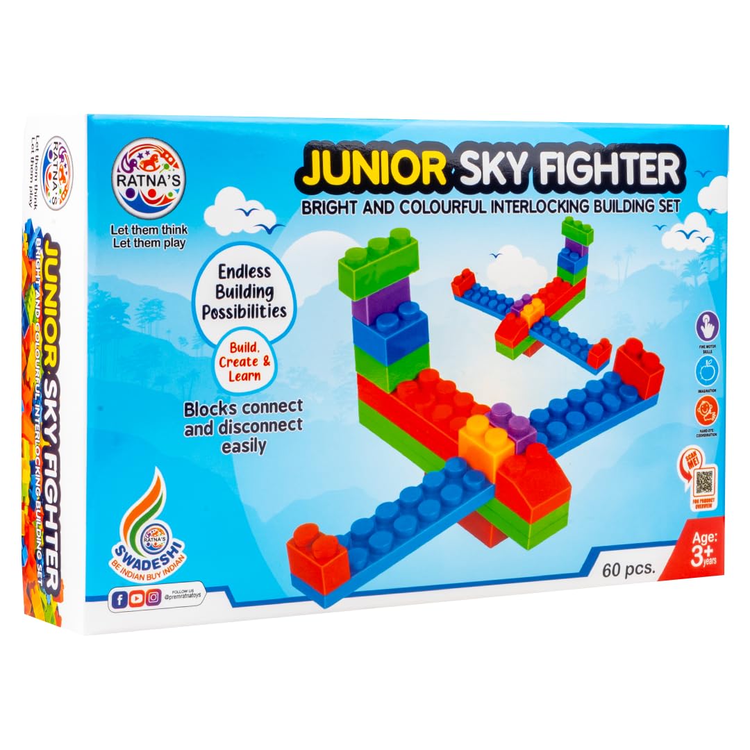 Ratna's Sky Fighter Junior Colorful Interlocking Blocks 60 pcs for Kids Ages 3+ to Create Fighter Planes & Rule The Sky
