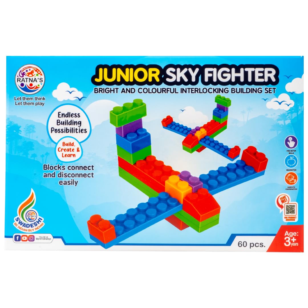Ratna's Sky Fighter Junior Colorful Interlocking Blocks 60 pcs for Kids Ages 3+ to Create Fighter Planes & Rule The Sky