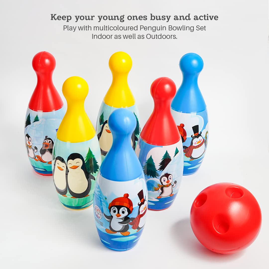 Ratna's Junior Penguin Bowling Set with 6 Pins & 1 Ball Toys Sports Game Gift for Kids