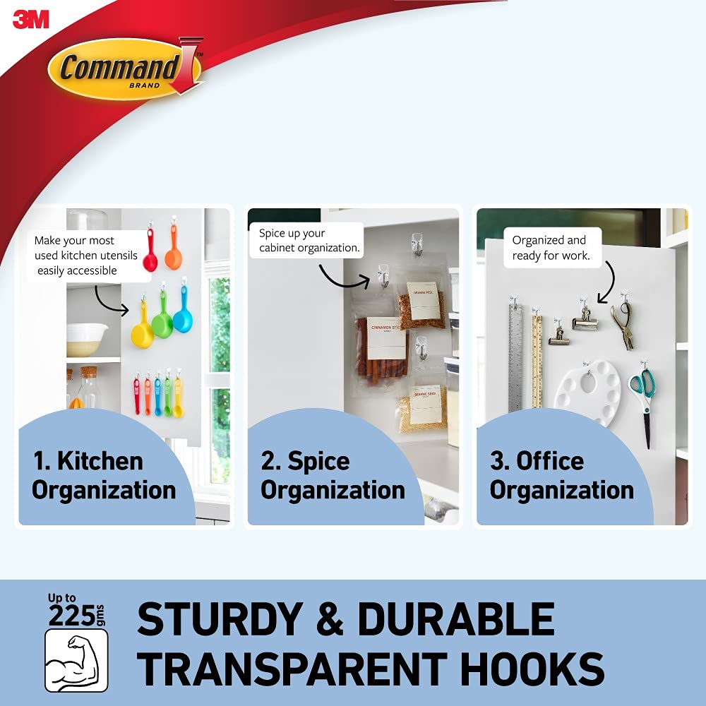 3M Command Small Clear Wire Wall Hooks, Up To 225Gms, Holds Strongly, Reusable, Adhesive Hooks For Wall, Multi-Surface Damage Free Hooks For Hanging Transparent, 3Hooks, 4 Strips - Plastic