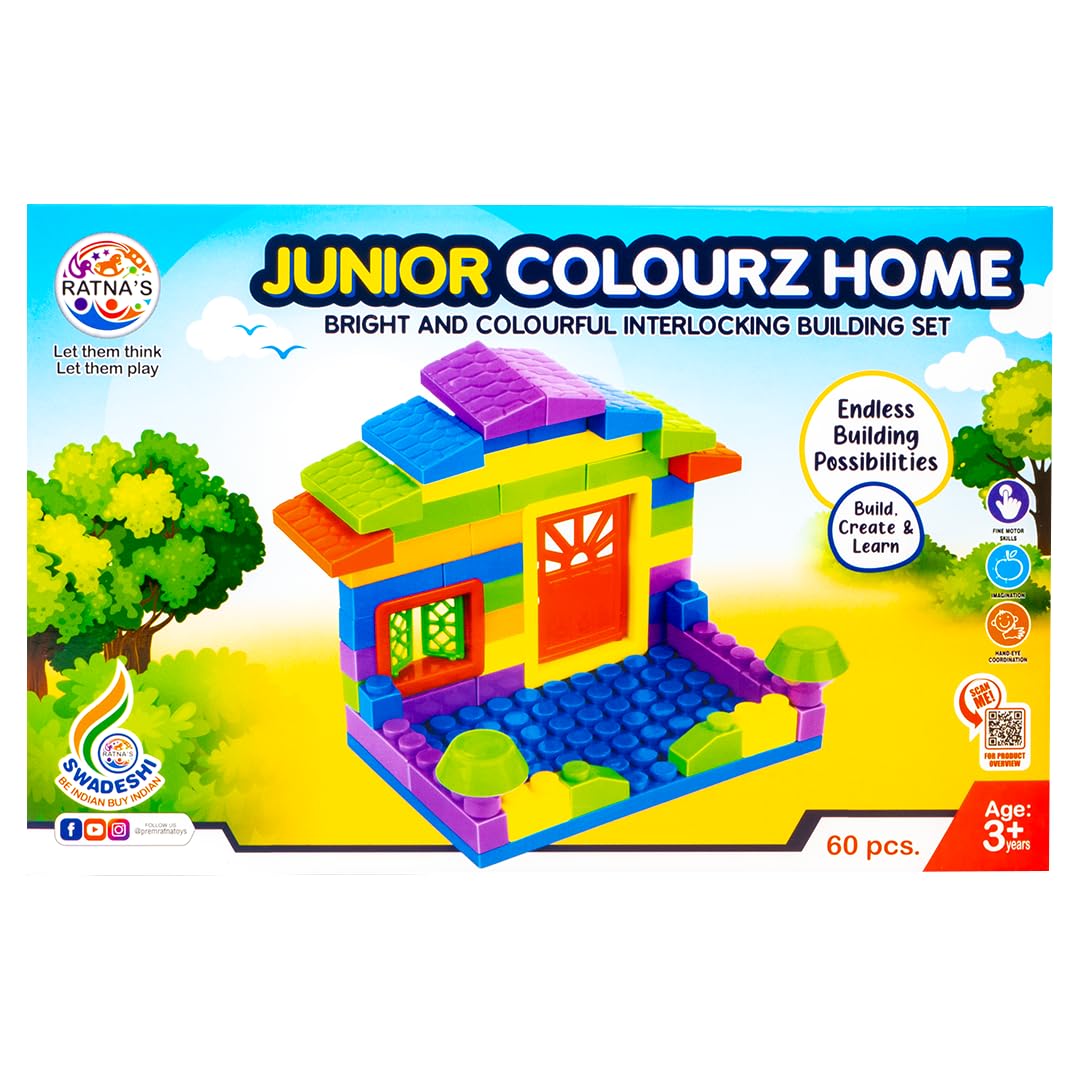 Ratna's Colourz Home Junior Construction Set with Bright & Colorful Interlocking Blocks 60 pcs for Kids to Build Their Own Little Home