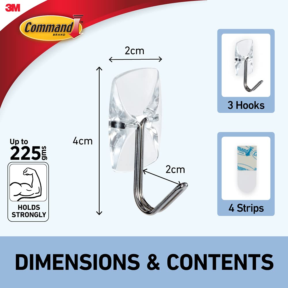 3M Command Small Clear Wire Wall Hooks, Up To 225Gms, Holds Strongly, Reusable, Adhesive Hooks For Wall, Multi-Surface Damage Free Hooks For Hanging Transparent, 3Hooks, 4 Strips - Plastic