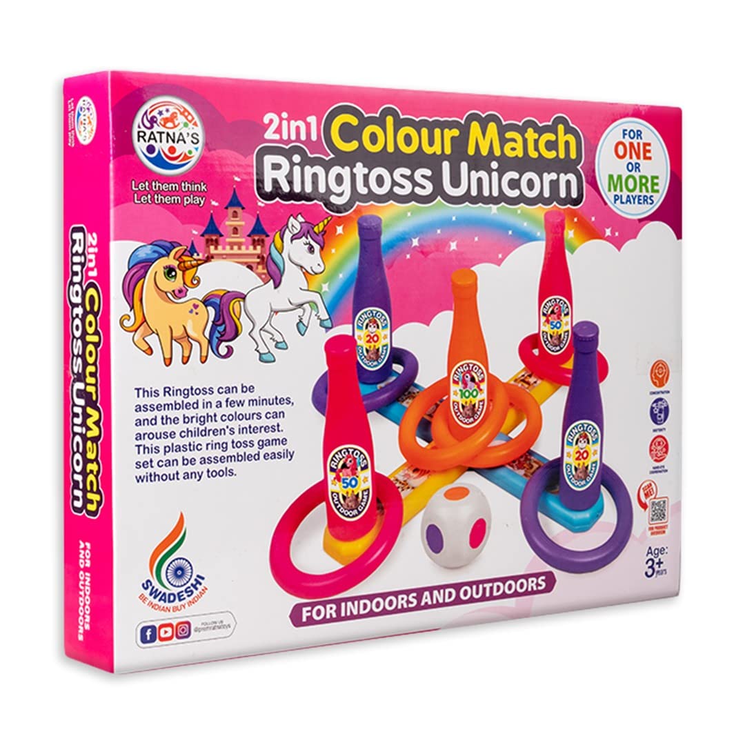 Ratna's 2 in 1 Colour Match Ring toss Unicorn Print Target Game Set - Indoor & Outdoor Game for Kids