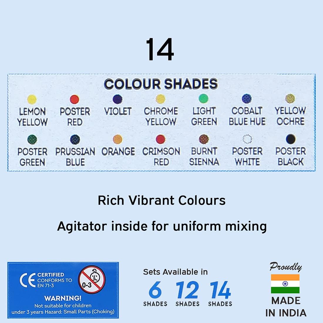Doms 14 Shades Poster Colours | Rich & Vibrant Colors | Free Agigator & Brush Inside For Uniform Mixing | Non-Toxic & Safe For Childrens