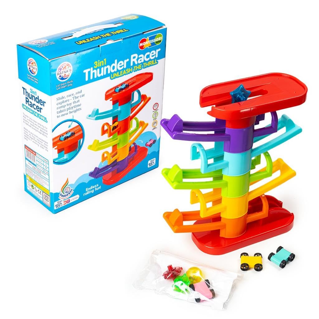 Ratna's 3 in 1 Thunder Racer Track Car Ramp 5 Layer Ball Drop & Roll Swirling Tower Toys for Baby and Toddler | Stack, Drop & Go Ramp Toy Set Includes 3 Cars, 3 Sliders & 1 Ball