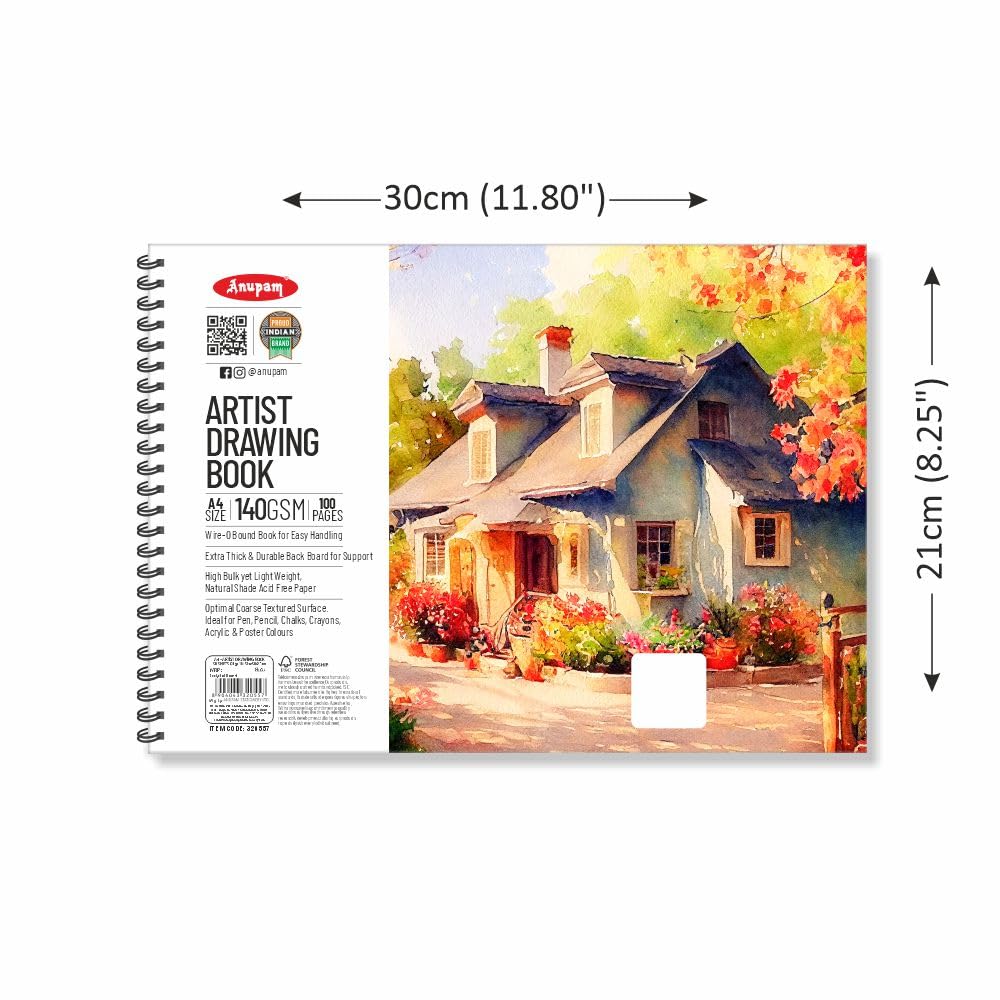 Anupam Artist Drawing Book for Sketching with Cartridge Paper for Sketching Wiro Binding 140GSM 50 Sheets, 100 Pages for Artists, Kids & Professionals for Marker Colored Pencil Charcoal Pastels (A4 Size)