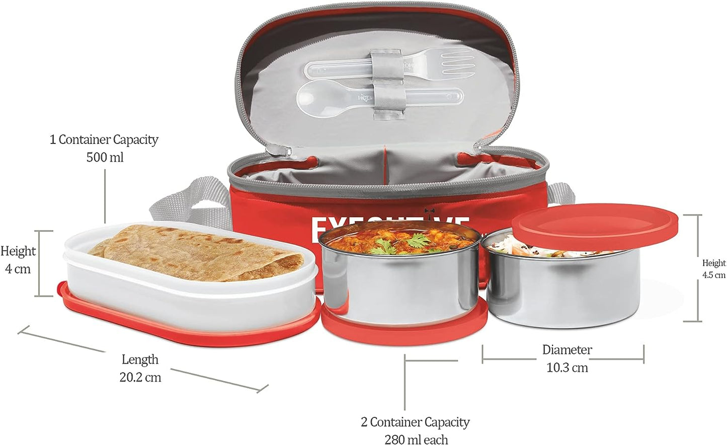 Milton Executive Lunch Insulated Tiffin, 2 Round Containers, 280 ml Each, 1 Oval Container, 450 ml, Red| Microwave Safe | Easy to Carry | Leak Proof | Insulated Tiffin | Hot Food