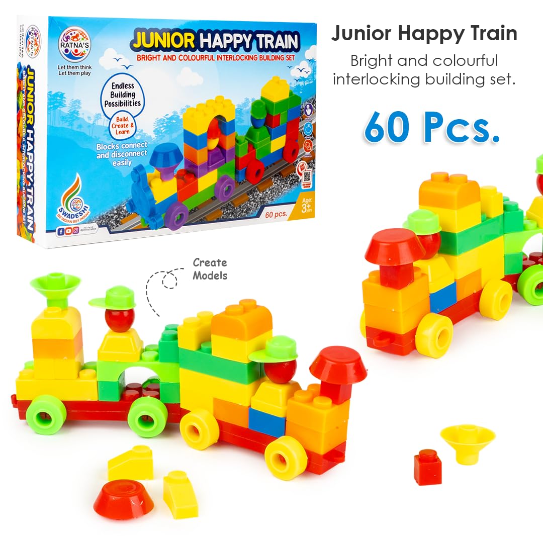 Ratna's Happy Train Junior Construction Set with Bright & Colourful Interlocking Building Blocks 60 pcs for Kids Ages 3+