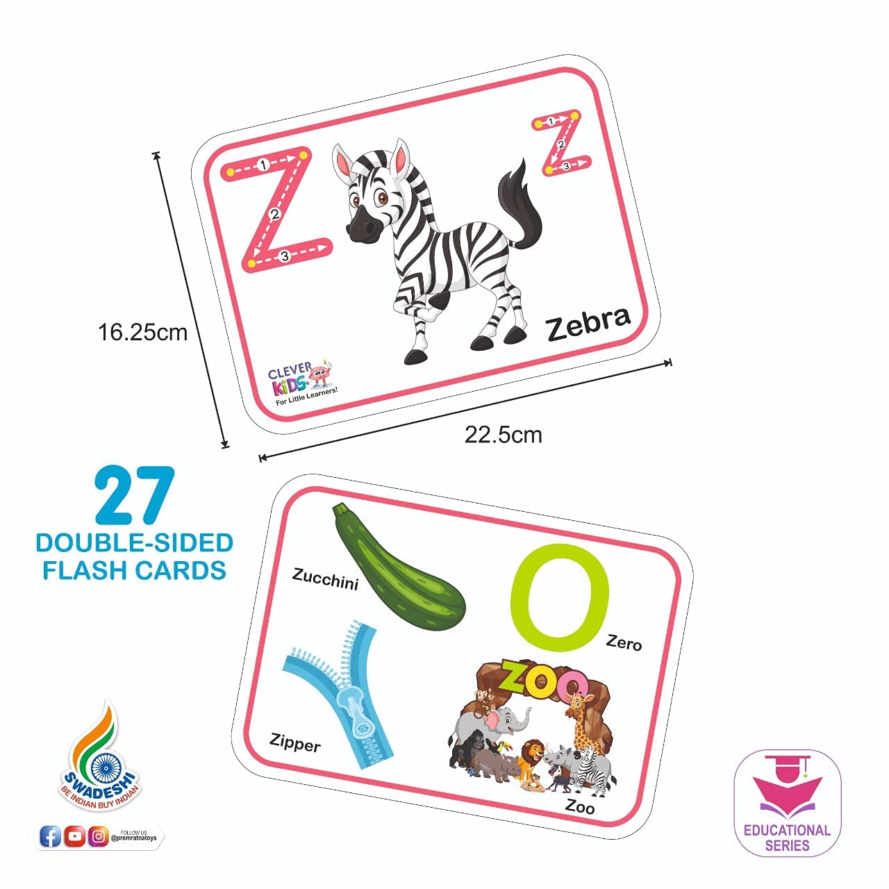 Clever Kids Alphabet Flash Card Double Sided, Preschool to Kindergarten, ABCs, Uppercase and Lowercase Letters, Spelling, Educational Learning for Kids 2 +