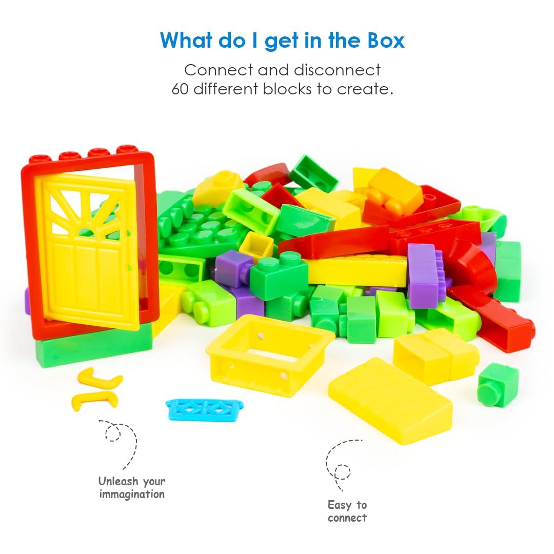 Ratna's Colourz Home Junior Construction Set with Bright & Colorful Interlocking Blocks 60 pcs for Kids to Build Their Own Little Home