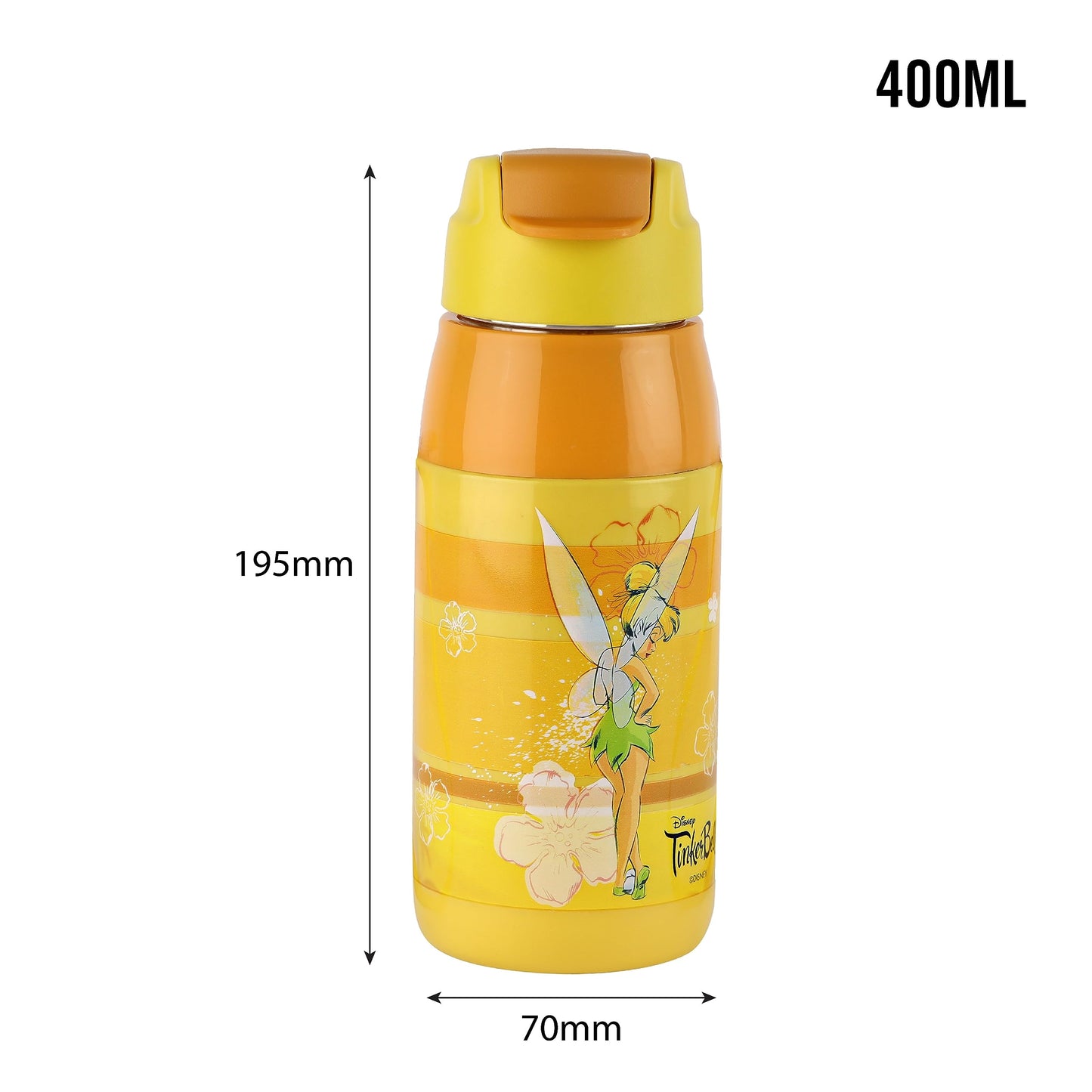 CELLO Puro Steel-X Hydra Kid 400 Water Bottle | PU Insulation | School Bottle | Picnic Bottle | Cold Insulation | Leak Proof | Kids Bottle | Easy to Carry | Tinker Bell | 400ml | Yellow