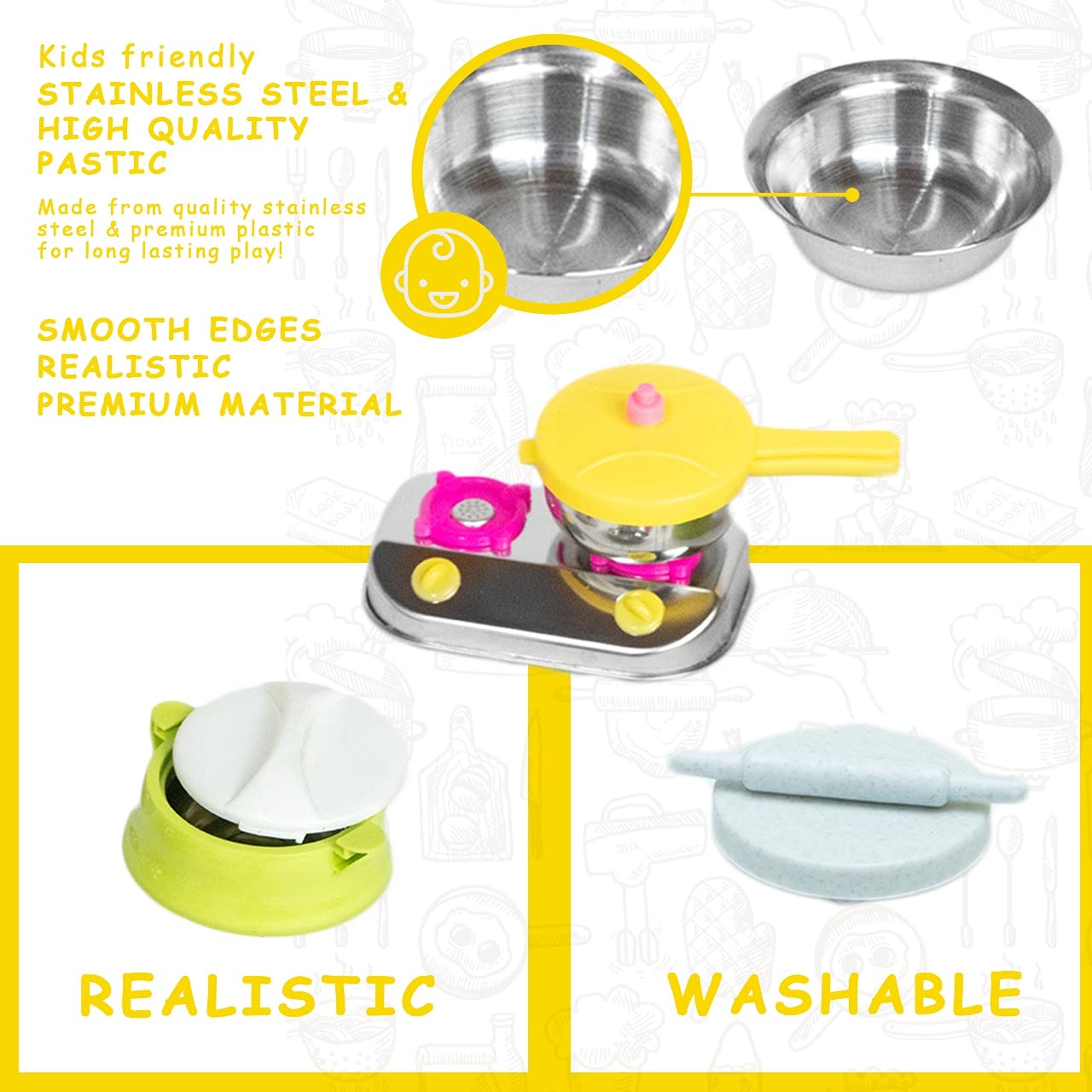 Sunny 14 pieces Open House kitchen set Mini Stainless Steel & Plastic Utensils | A perfect role play kitchen set toys for Girl kids | Certified as per Indian standards IS 9873, Safe & Durable for kids