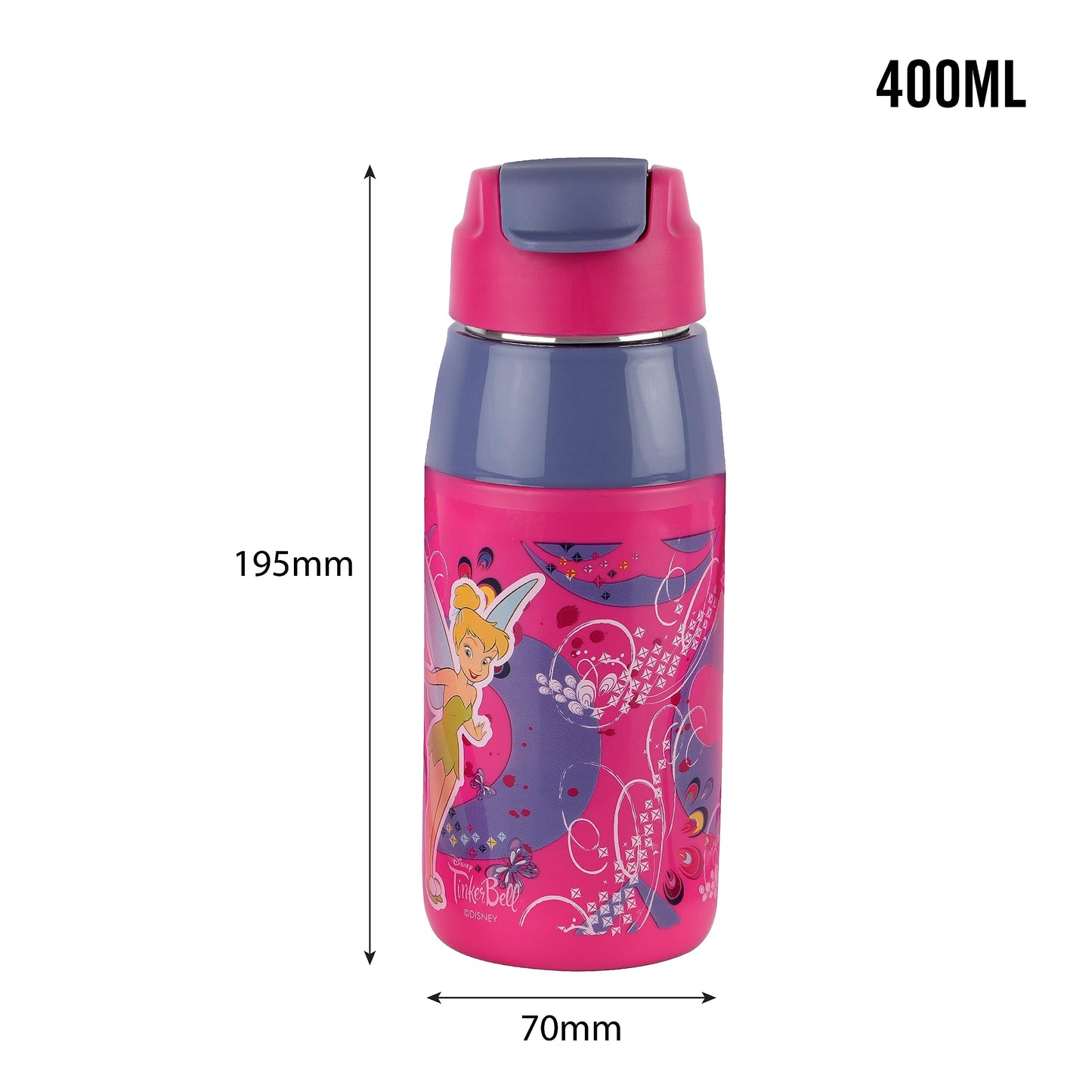 CELLO Puro Steel-X Hydra Kid 400 Water Bottle | PU Insulation | School Bottle | Picnic Bottle | Cold Insulation | Leak Proof | Kids Bottle | Easy to Carry | Tinker Bell | 400ml | Pink