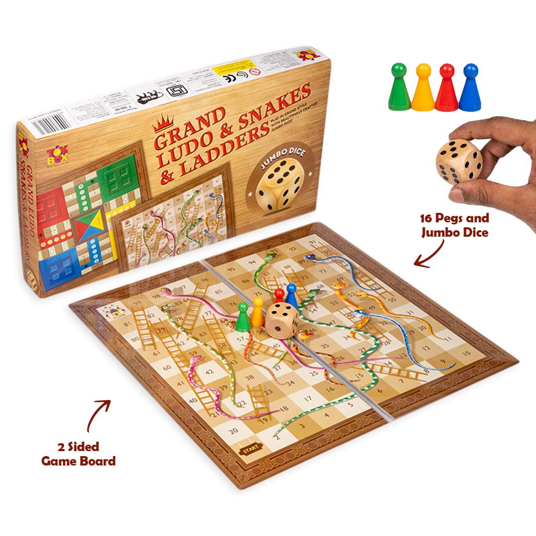 Toysbox Grand Ludo and Snakes & Ladders Board Game with Jumbo Size Wooden Dice to Play