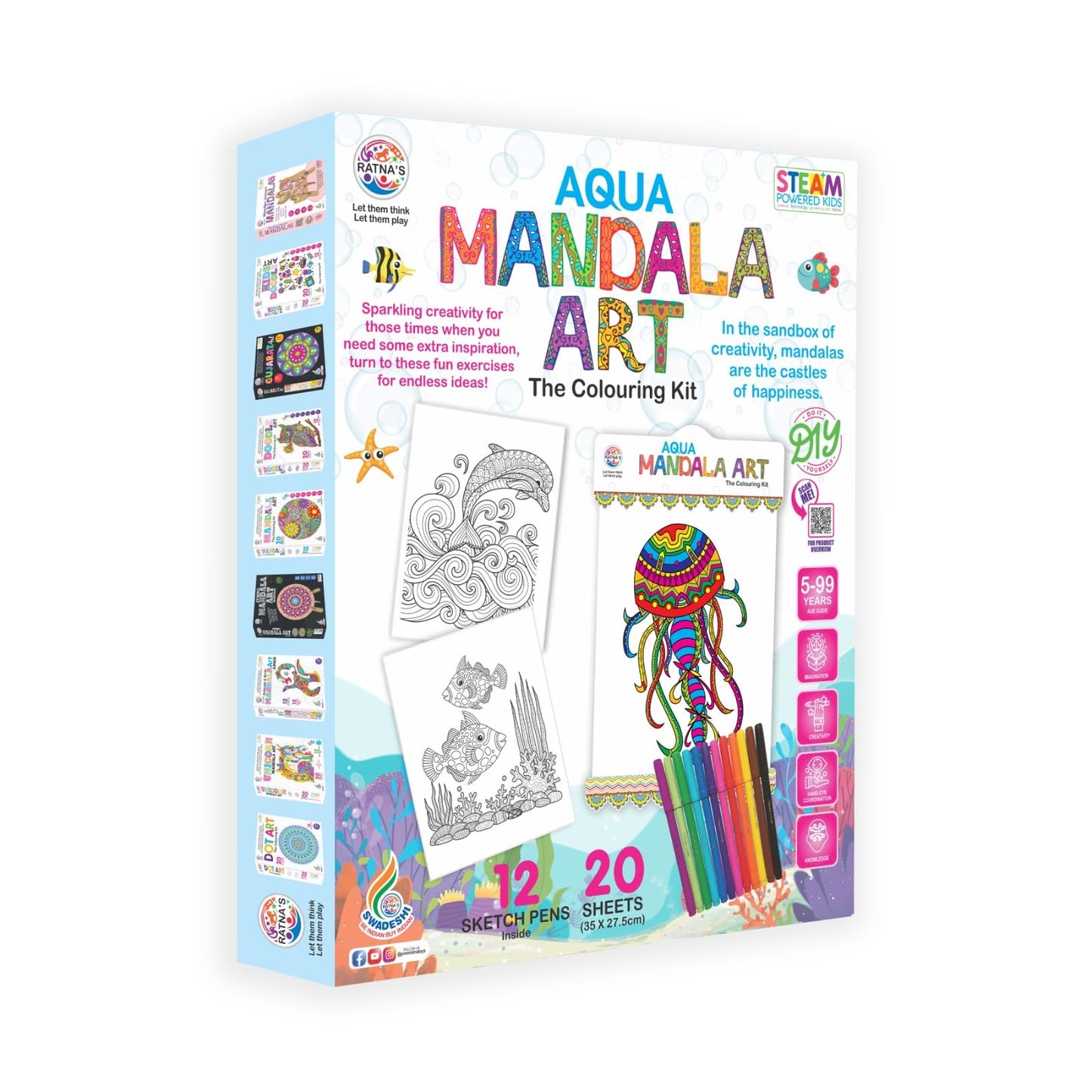Ratna's Aqua Mandala Art Colouring Kit - 20 Sheets (35 x 27.5 cm) with 12 Sketch Pens Inside - Creative Coloring Fun for All Ages