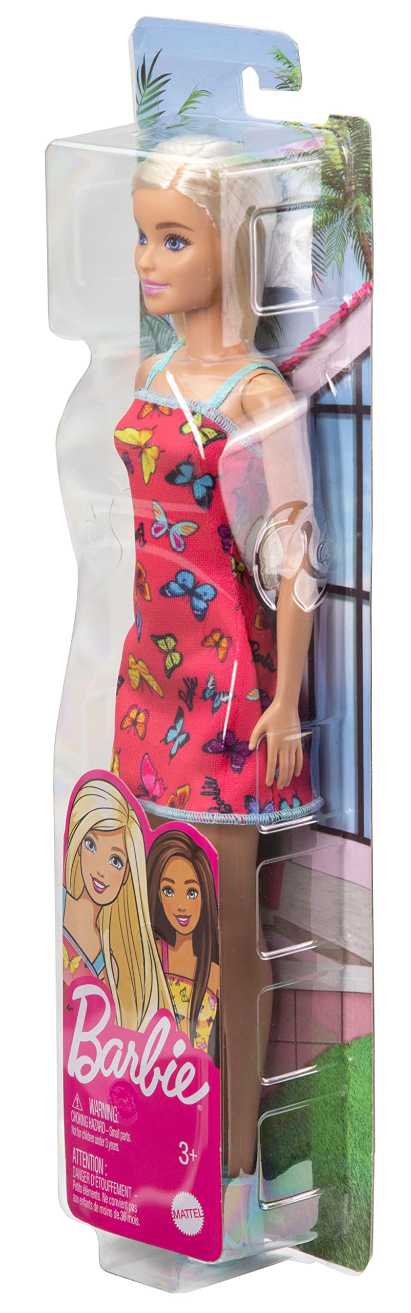Barbie Doll (11.5 inches) with Colorful Butterfly Logo Print Red Dress & Strappy Heels, Great Gift for Ages 3 Years Old & Up