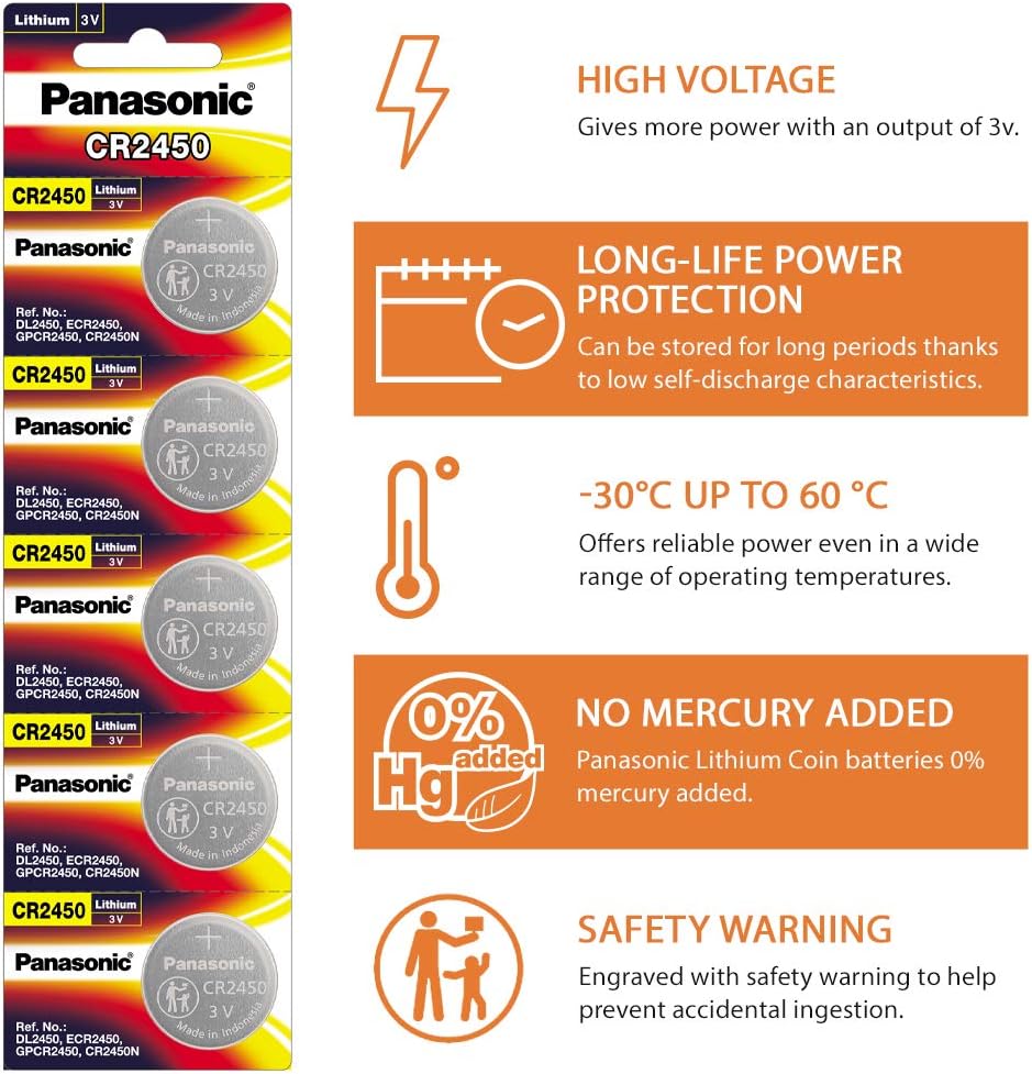 Panasonic CR-2450 Lithium Coin Battery 3v - Pack of 5 Provide Long Lasting Power in a Variety of Devices,from keyless-Entry fobs to Toys