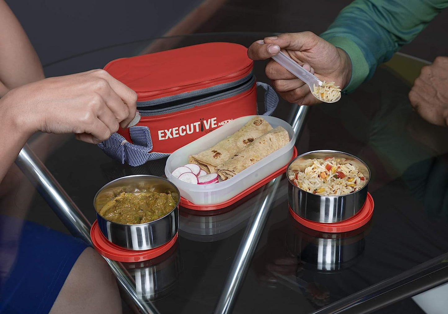 Milton Executive Lunch Insulated Tiffin, 2 Round Containers, 280 ml Each, 1 Oval Container, 450 ml, Red| Microwave Safe | Easy to Carry | Leak Proof | Insulated Tiffin | Hot Food