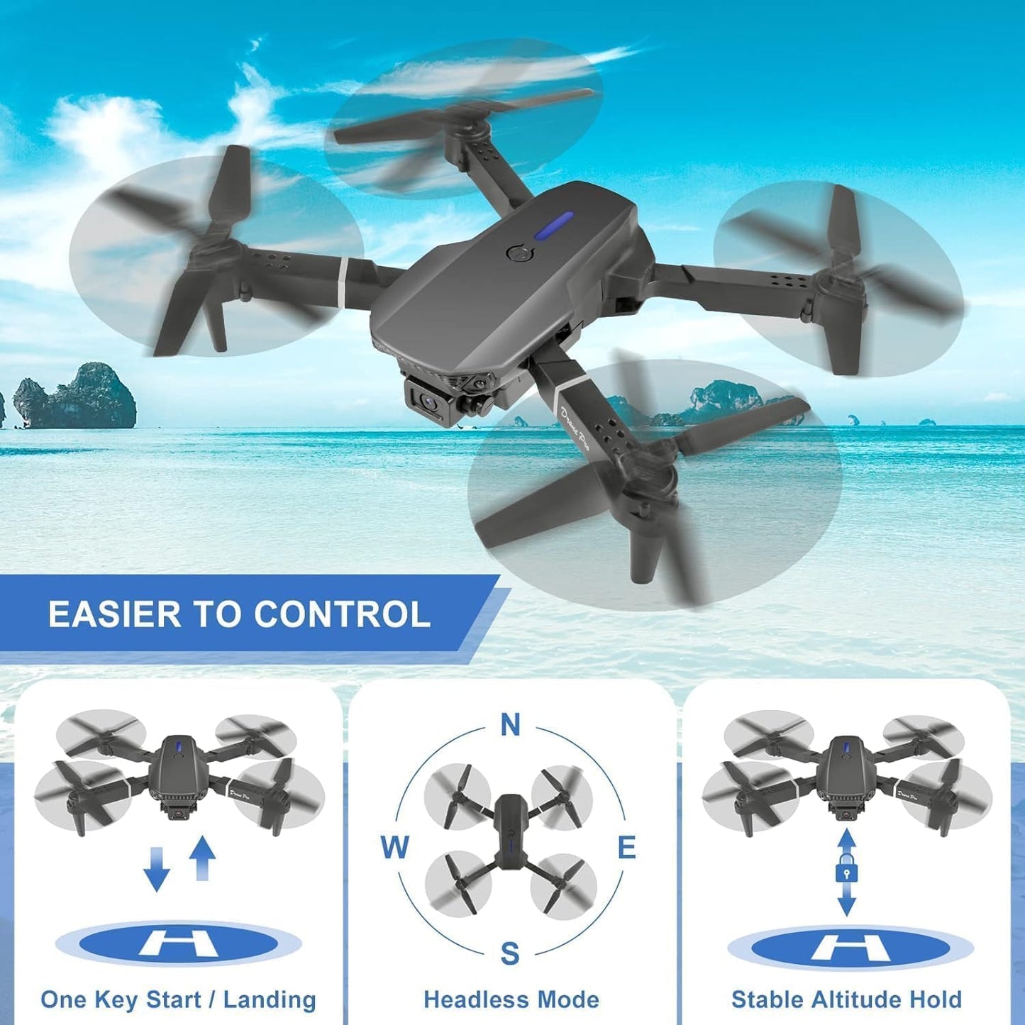 E88 Pro Drone with 1080P Camera 2 Batteries One Key Take Off Land Altitude Hold Automatic Avoidance Obstacles 360° Flip With Aerial Photography Drone (Dual-Battery)