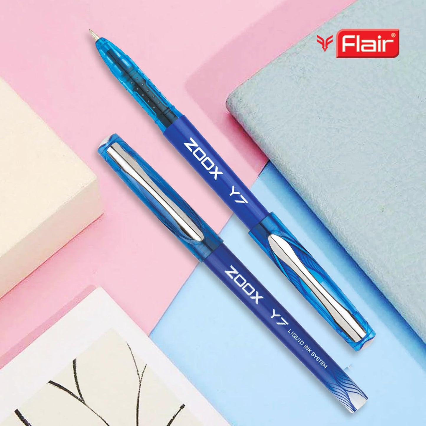 Flair Zoox Y7 Ball Pen | Sturdy Body With Elegant Metal Clip | Dotted Texture For Better Holding | Jumbo Refill With Large Ink Capacity | Blue Ink