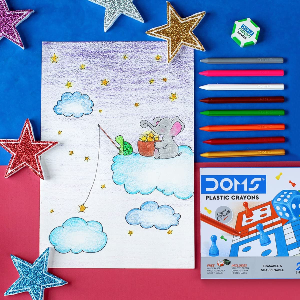 Doms Non-Toxic Super Smooth Plastic Crayons | 28 Assorted Shades | Erasable & Sharpenable | 1 Eraser & 1 Sharpener Included