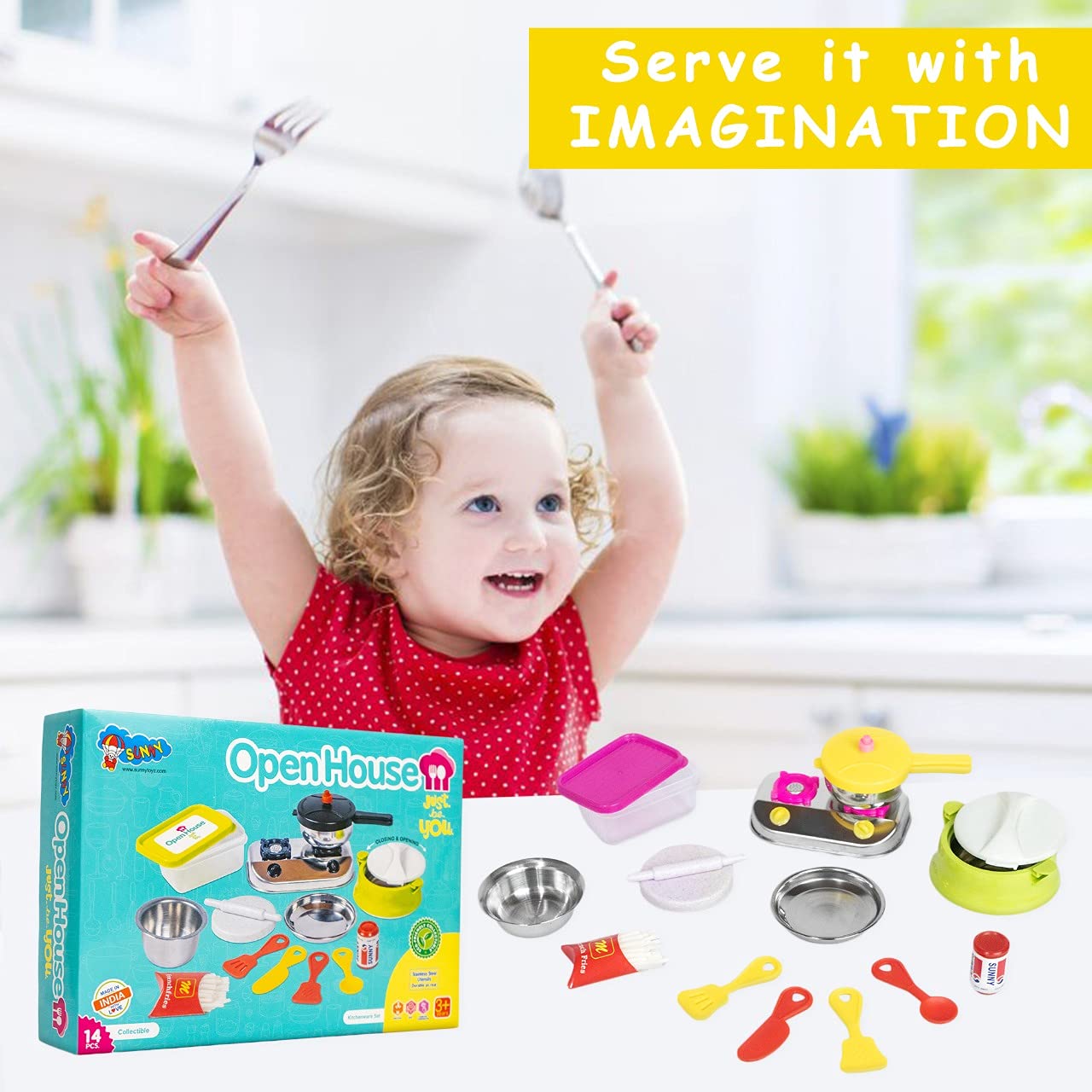 Sunny 14 pieces Open House kitchen set Mini Stainless Steel & Plastic Utensils | A perfect role play kitchen set toys for Girl kids | Certified as per Indian standards IS 9873, Safe & Durable for kids