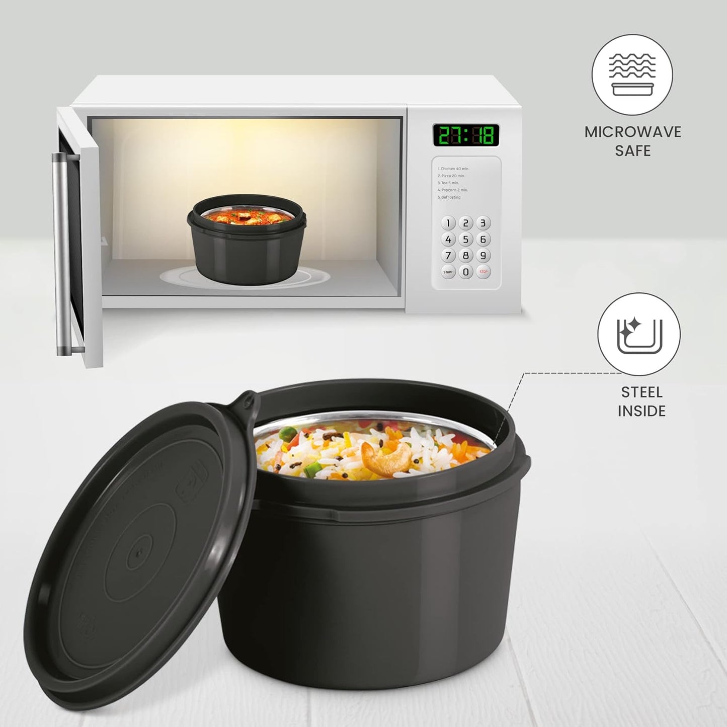 Milton Savor Lunch Tiffin (3 Microwave Safe Inner Steel Containers, 180/320/450 ml; 1 Plastic Chutney Dabba,100ml; 1 Aqua Steel Bottle, 750ml, Steel Spoon and Fork) With Insulated Fabric Jacket - Black