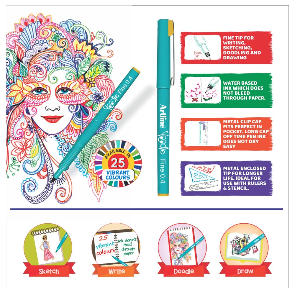 Artline Yoodle Fine Pen 0.4 Pack of 5 with Vibrant Colours | For Artist, Painters Specially in Writing, SKetching, Drawing & Doodling