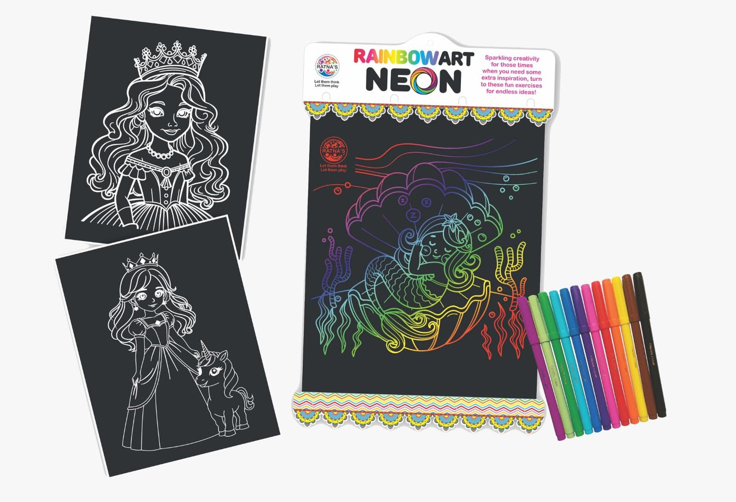 Ratna's RainbowArt Neon Colors Creative Coloring Kit with 20 Sheets and 12 Sketch Pens, 35x27.5cm Sheets - Creative Coloring Fun for All Ages