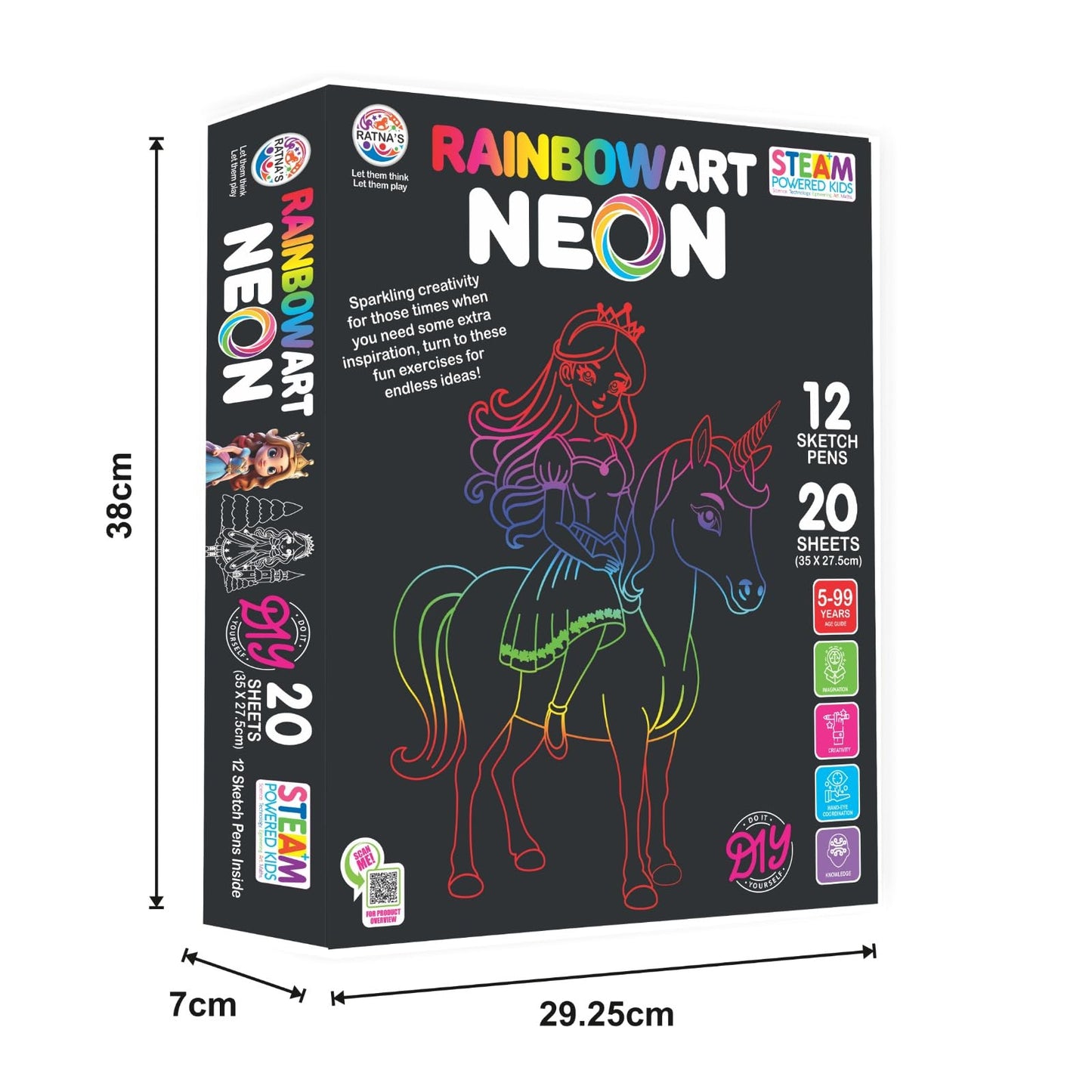 Ratna's RainbowArt Neon Colors Creative Coloring Kit with 20 Sheets and 12 Sketch Pens, 35x27.5cm Sheets - Creative Coloring Fun for All Ages