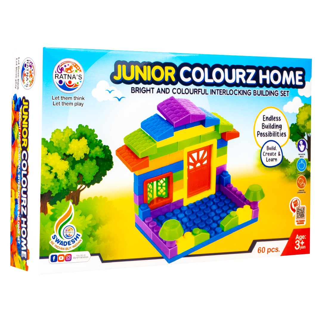 Ratna's Colourz Home Junior Construction Set with Bright & Colorful Interlocking Blocks 60 pcs for Kids to Build Their Own Little Home