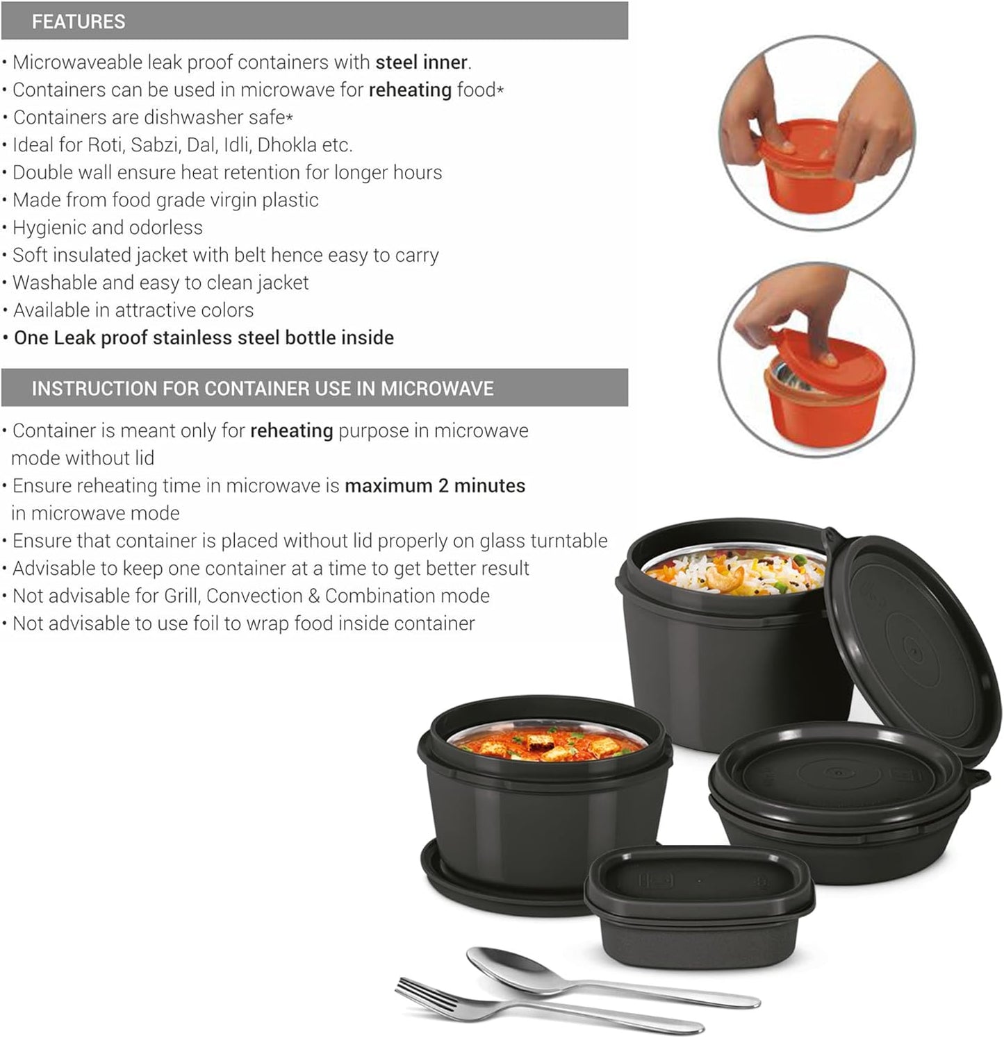 Milton Savor Lunch Tiffin (3 Microwave Safe Inner Steel Containers, 180/320/450 ml; 1 Plastic Chutney Dabba,100ml; 1 Aqua Steel Bottle, 750ml, Steel Spoon and Fork) With Insulated Fabric Jacket - Black