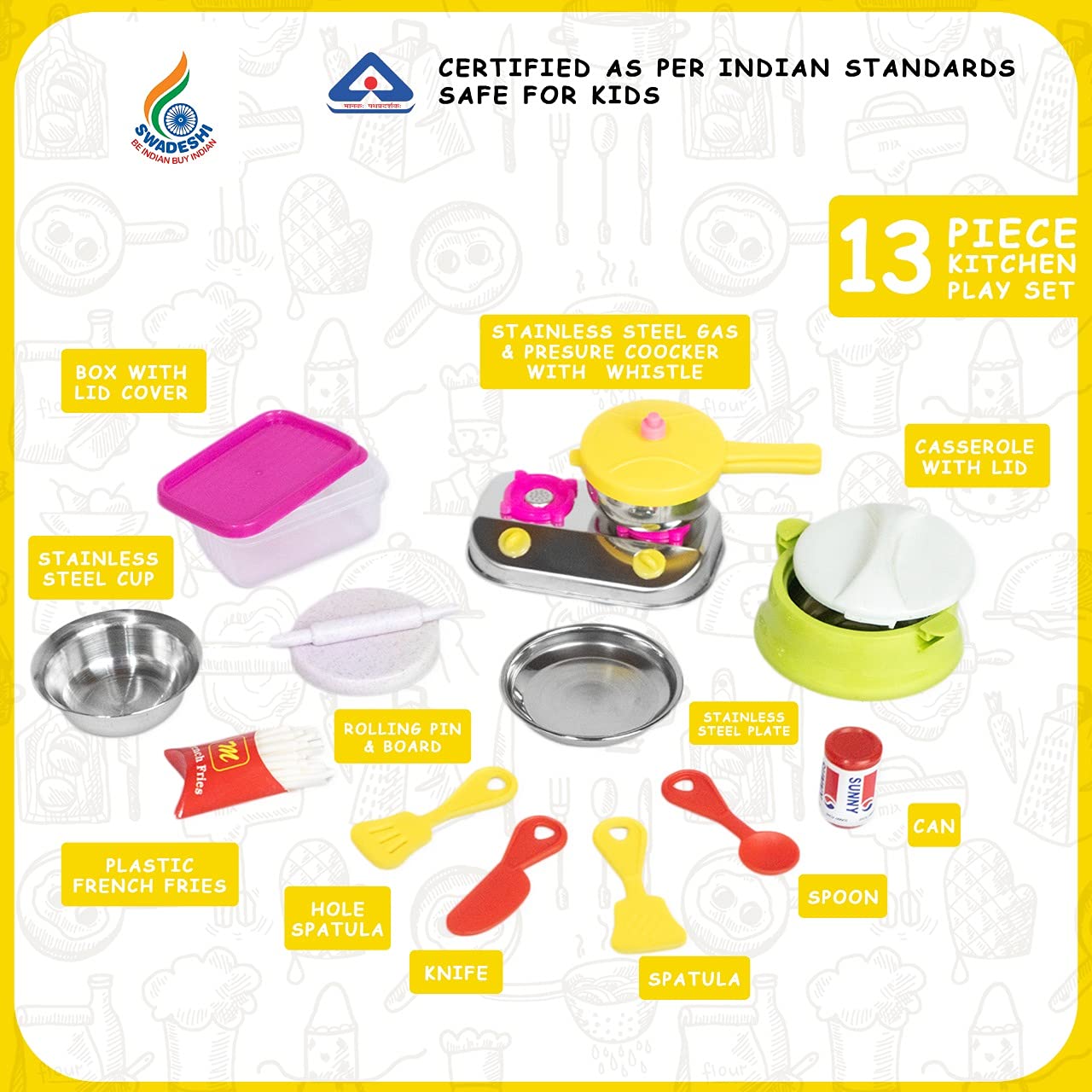 Sunny 14 pieces Open House kitchen set Mini Stainless Steel & Plastic Utensils | A perfect role play kitchen set toys for Girl kids | Certified as per Indian standards IS 9873, Safe & Durable for kids