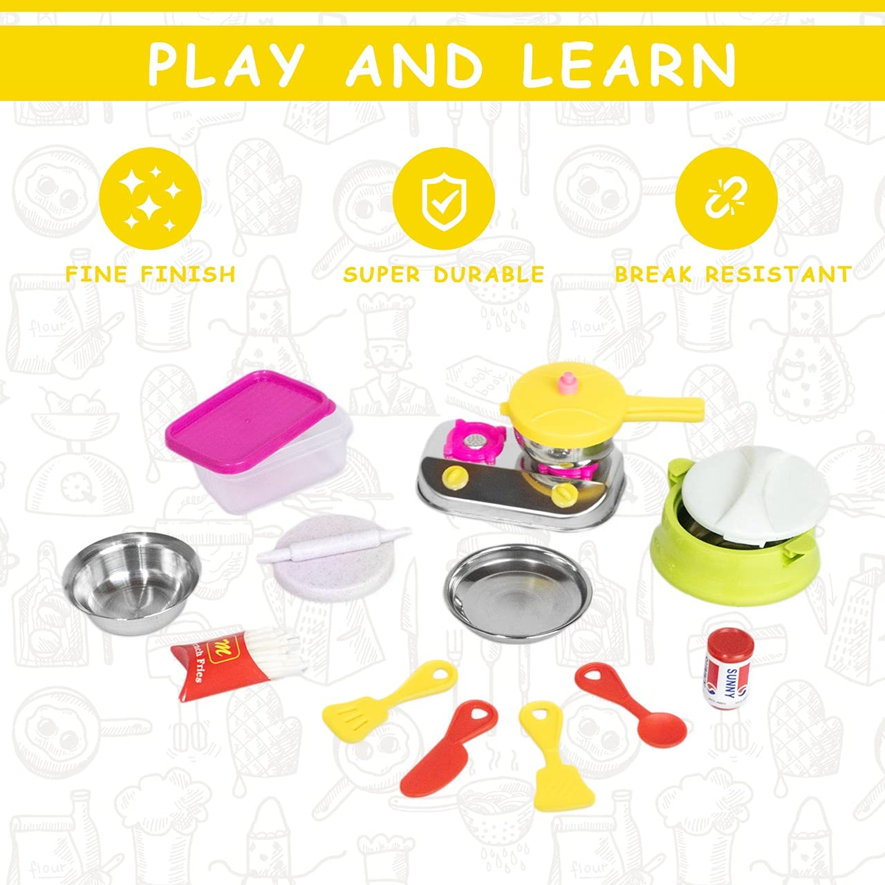 Sunny 14 pieces Open House kitchen set Mini Stainless Steel & Plastic Utensils | A perfect role play kitchen set toys for Girl kids | Certified as per Indian standards IS 9873, Safe & Durable for kids