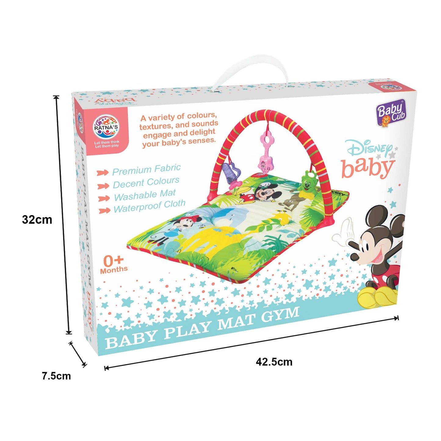 Ratna's Disney Baby Play Gym Mickey Mouse with Waterproof Soft Cozy matt Size 28 x 20 inches & Cute Hanging Toys for Infants
