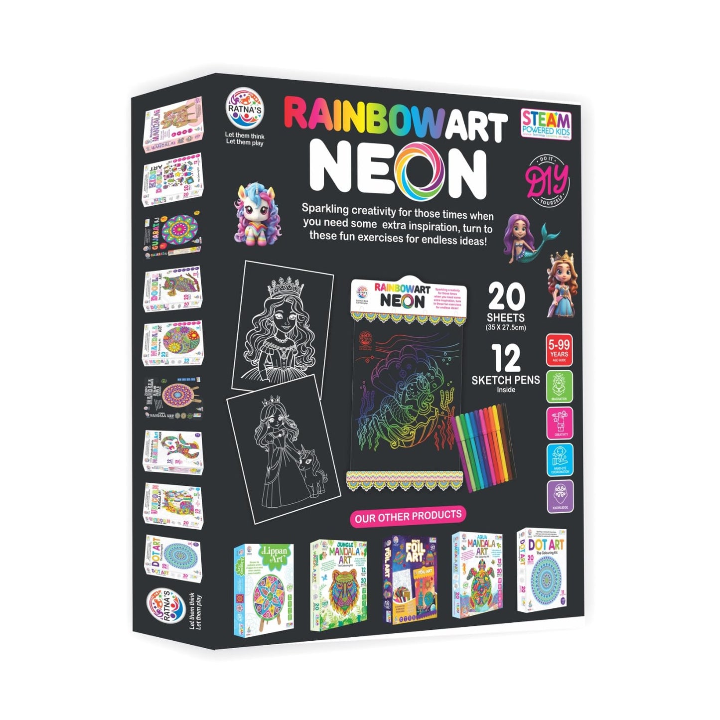 Ratna's RainbowArt Neon Colors Creative Coloring Kit with 20 Sheets and 12 Sketch Pens, 35x27.5cm Sheets - Creative Coloring Fun for All Ages