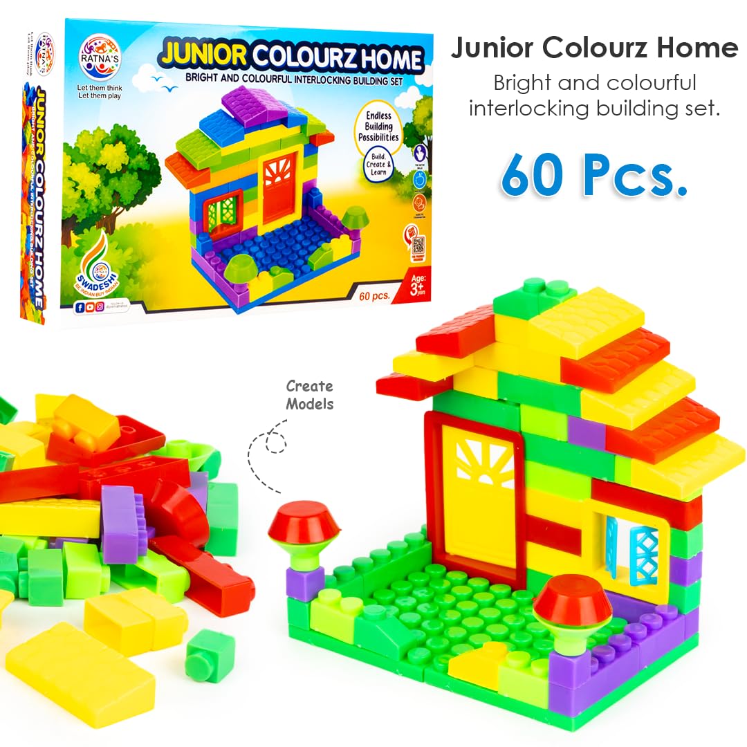 Ratna's Colourz Home Junior Construction Set with Bright & Colorful Interlocking Blocks 60 pcs for Kids to Build Their Own Little Home